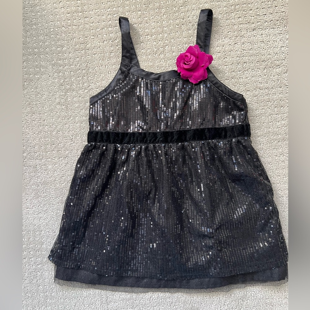 EUC Girl’s Justice Black Sequin Top with Pink Flower size 10